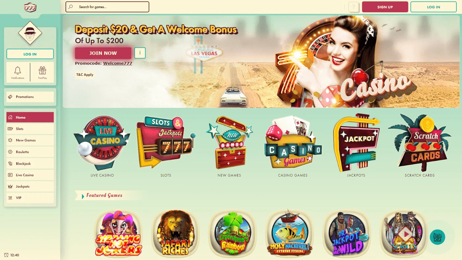 777 Casino desktop home interface with casino content and promotions