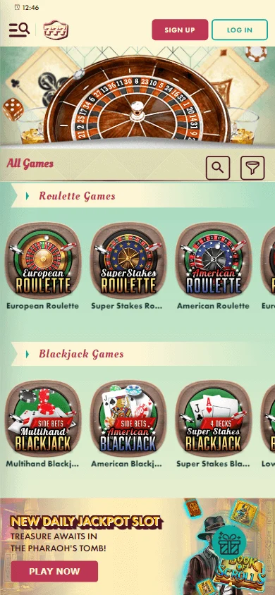 777 Casino mobile games area with casino titles