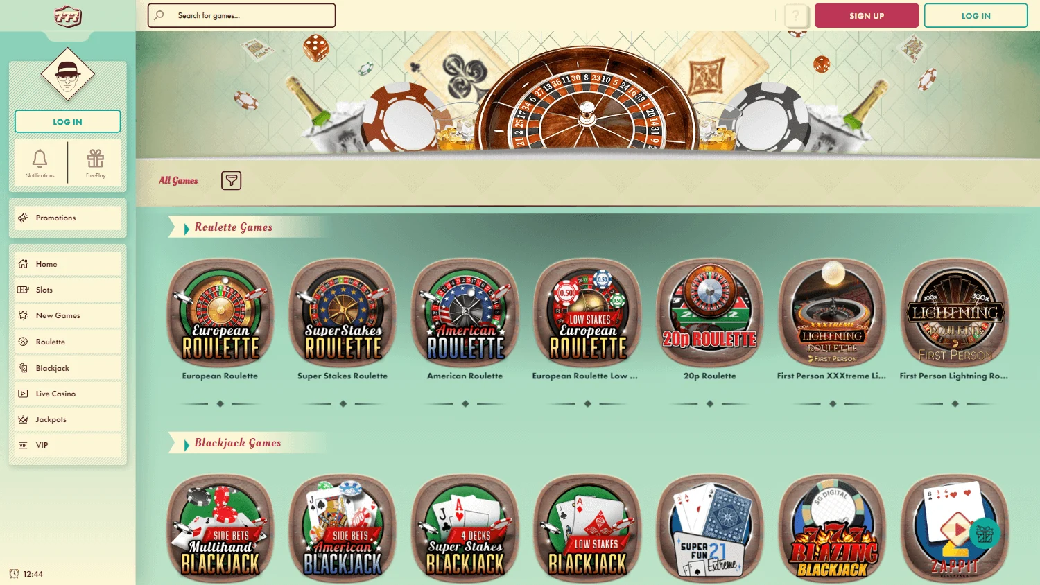 777 Casino desktop games area with slots and casino categories
