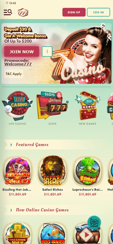 777 Casino mobile app home interface for iOS and Android