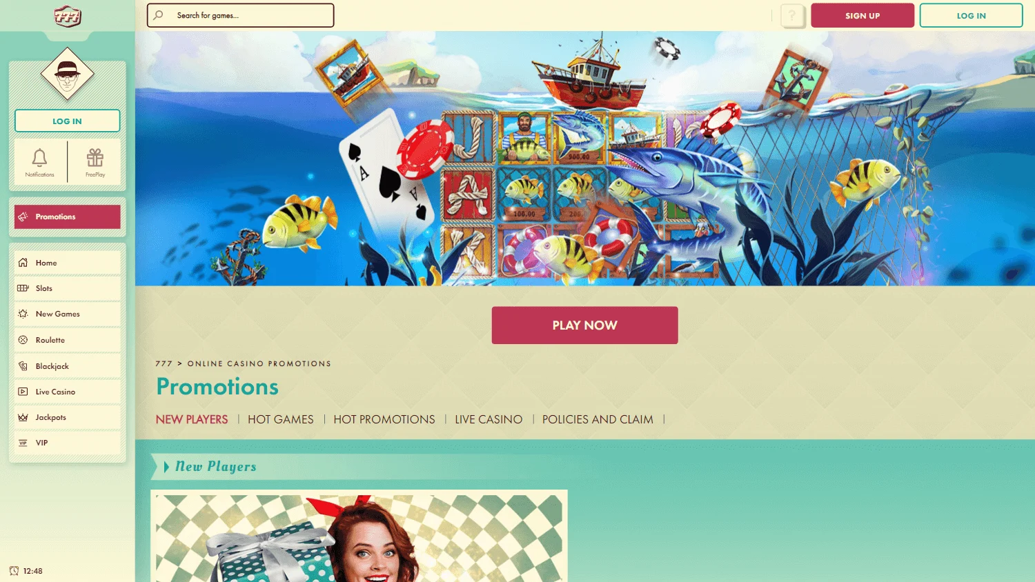777 Casino desktop promotions area showing welcome bonus offers